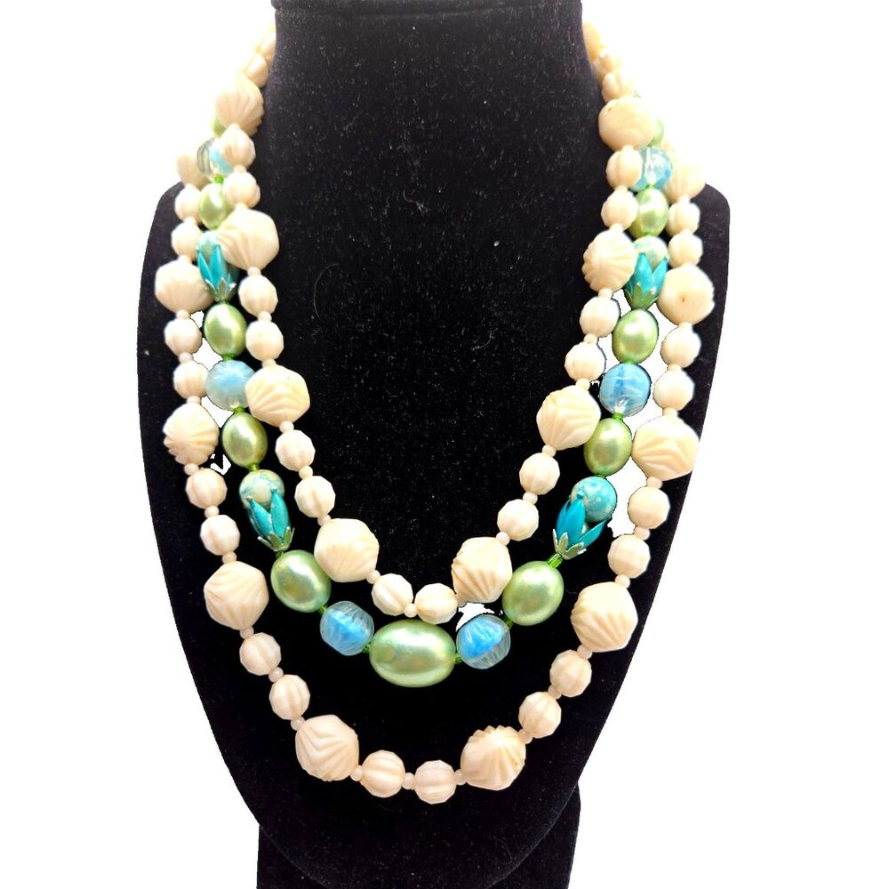 Vintage Triple Strand Carved Lucite Necklace Hong Kong Pastel Blue Green Ivory